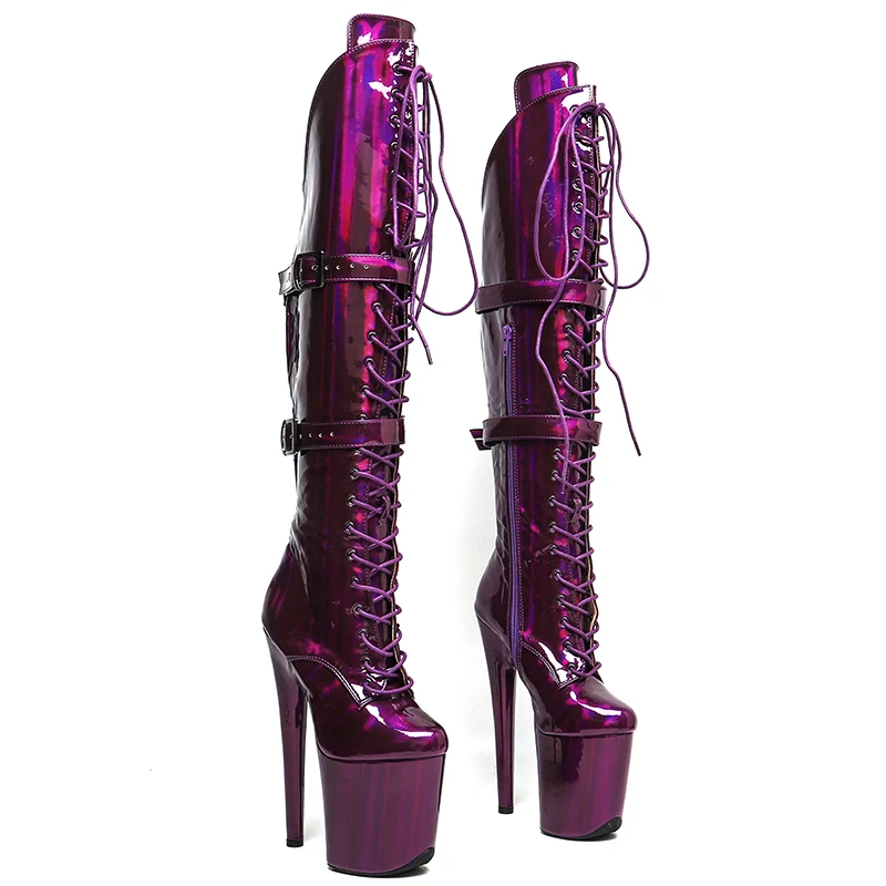 

Leecabe 20CM/8inches shiny Holographic PU Upper strap style Trend fashion High Heel platform Boots Pole Dance boots