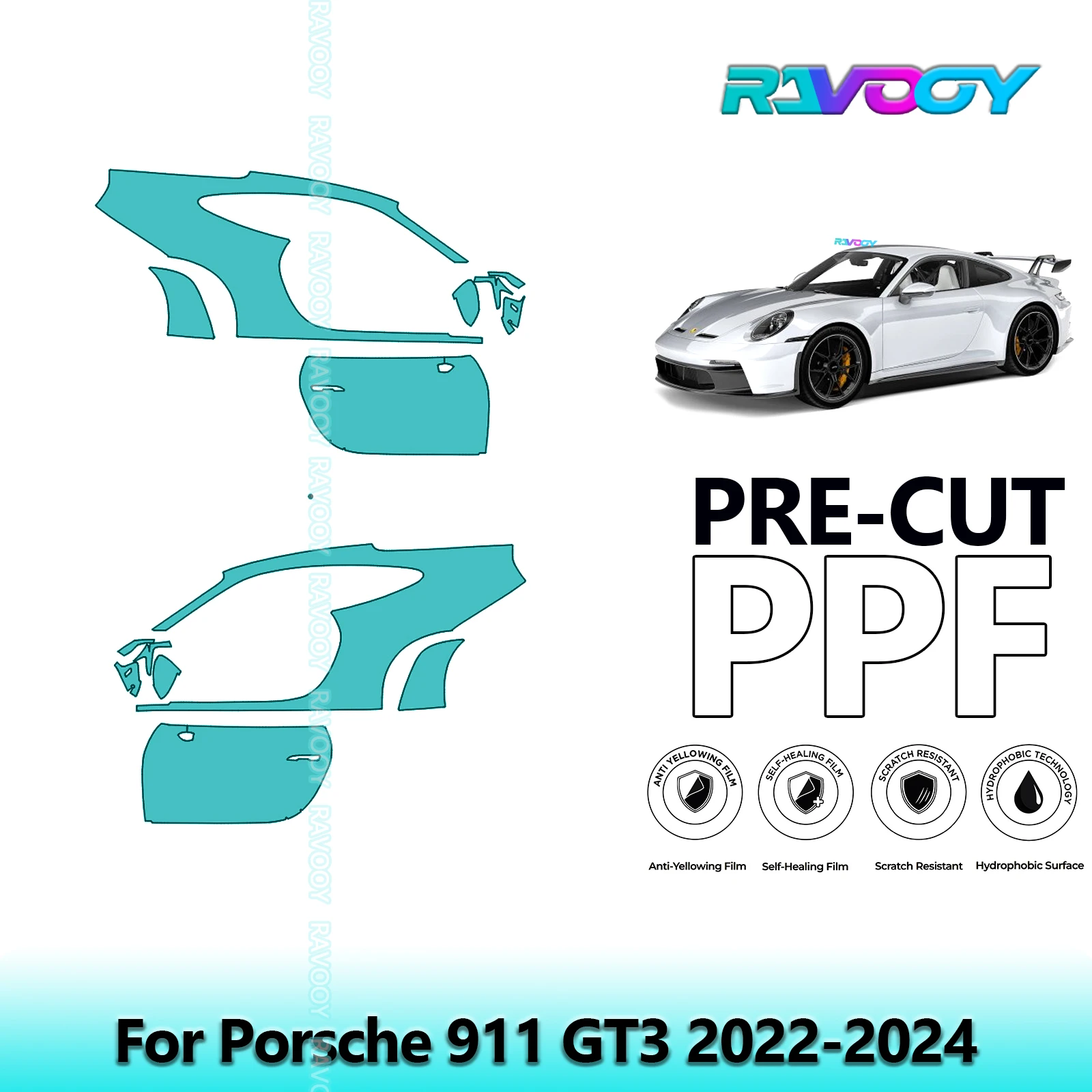 لبورشه 911 GT3 2022-2024 8.5mil واضح ماتي قبل قطع باب PPF ومجموعة عمود A/B مجموعة طبقة حماية الطلاء من البولي يوريثان #1