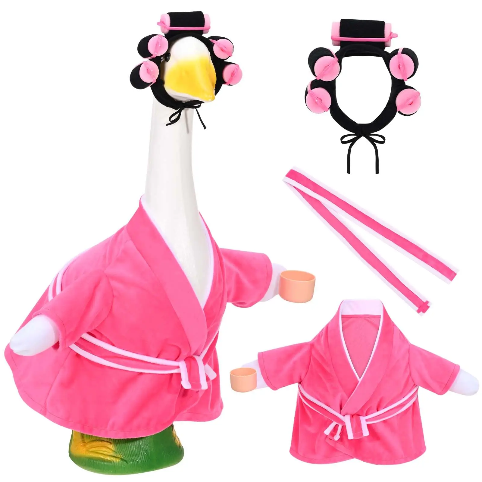

Porch Goose Old Lady Outfit Creative Plastic Goose Bathrobe with Curlers Belt for Outdoor Garden Yard Cosplay Costume