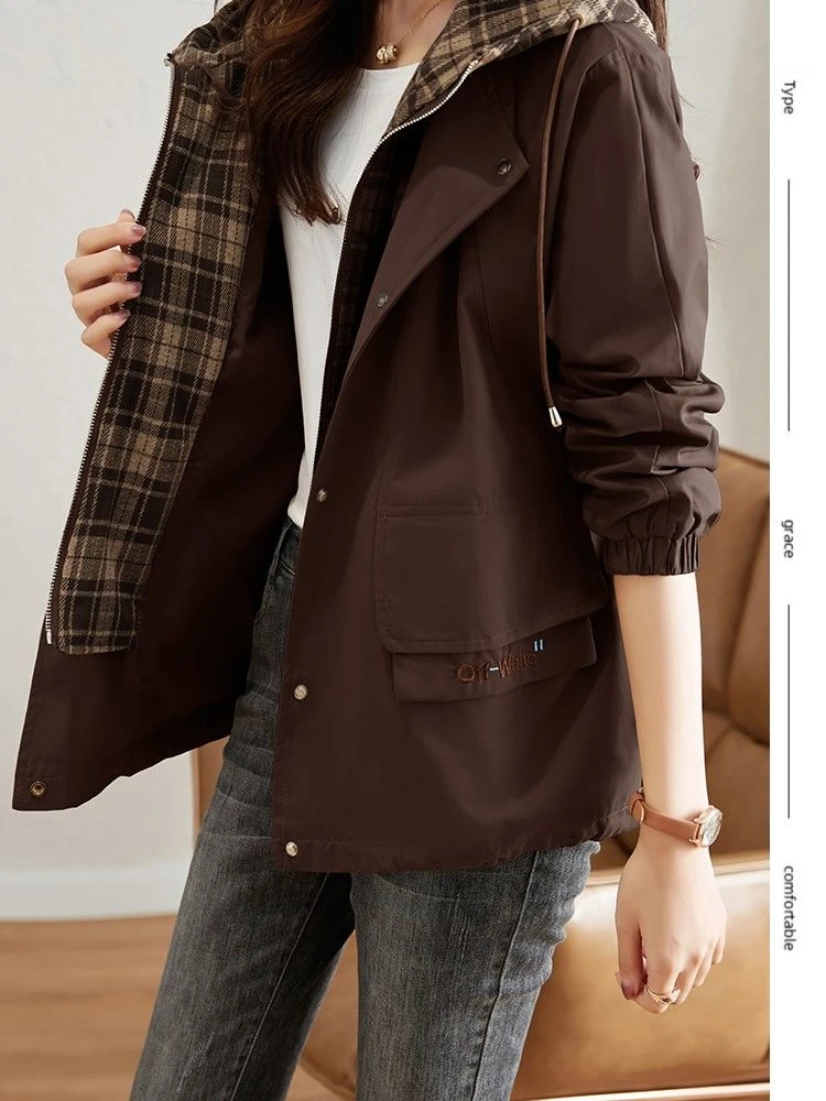 2025 New Korean Fashion Short Hooded Windbreaker Female Long-Sleeved Loose Casual Outwear Coats Women Autumn Trench Coat Woman