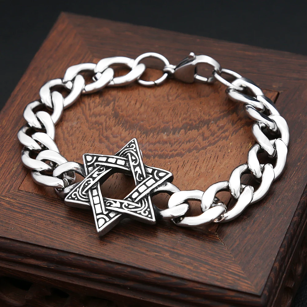 خمر نجمة داود سلسلة سوار 316L الفولاذ المقاوم للصدأ موضة السداسية أساور للرجال النساء تميمة مجوهرات هدايا بالجملة