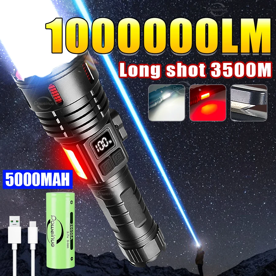 

2024 1000000LM High Power Flashlight Rechargeable 5000mAh Use 26H Zoom 3500M Ultra Powerful Led Torch With Magnet Self Defense