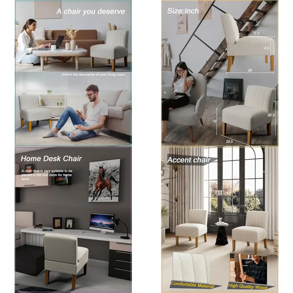 

Modern Upholstered Armless Chair for Bedroom, Comfortable Slipper Vanity Chair with Solid Wood Legs, Perfect for Guests and Read