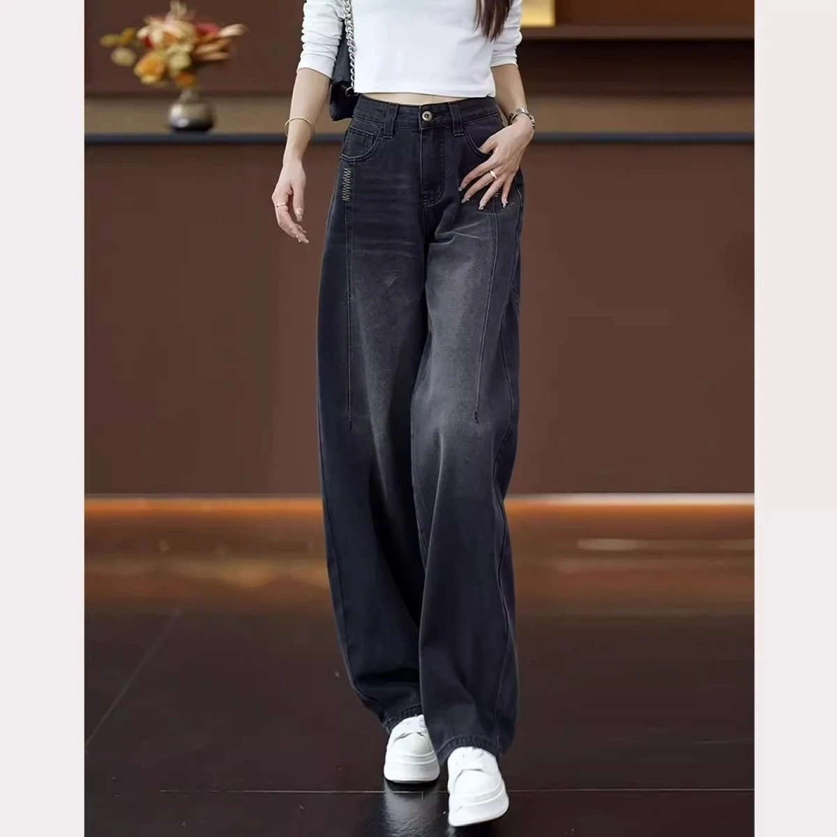 

Fce Lined Thiened Bla ey Knife Denim Jeans Women Autumn Winter New Design Sensation Faded Straight Leg Wide Leg...