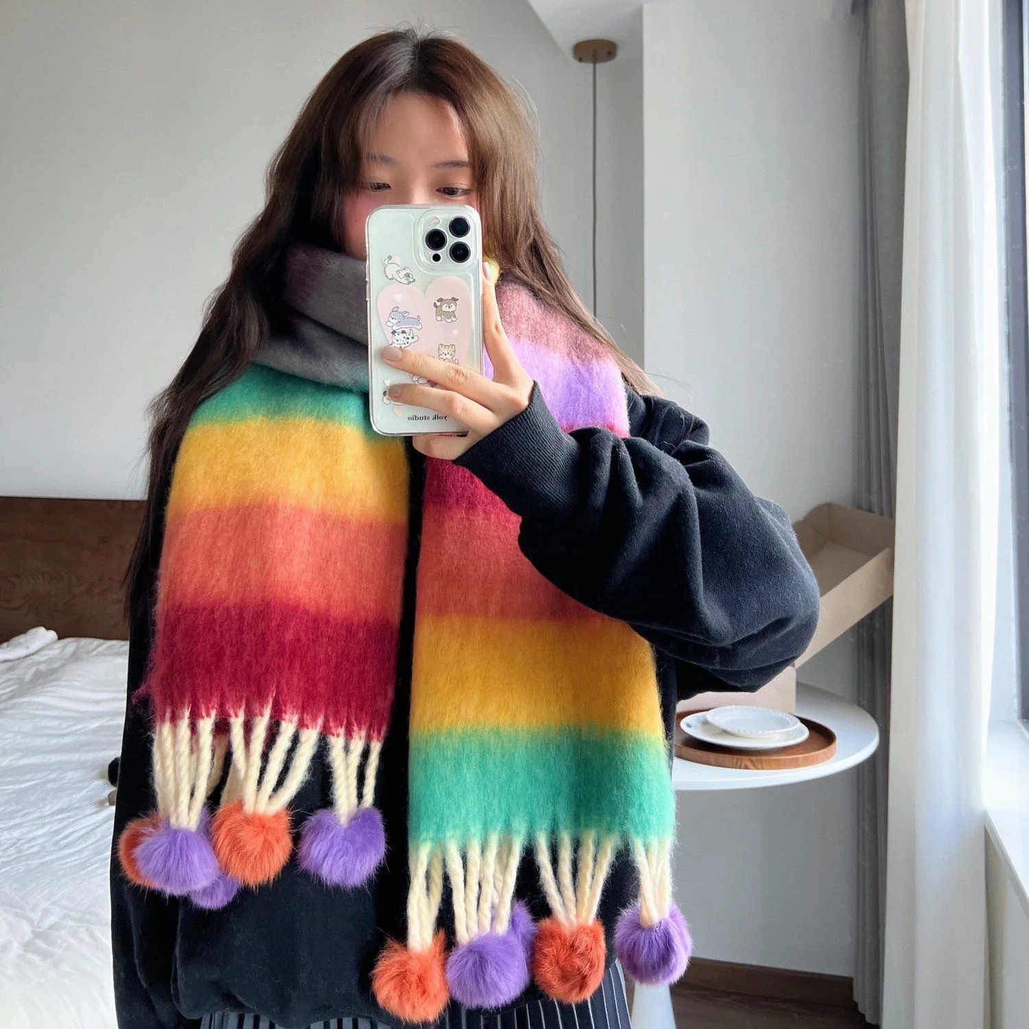 

Шарф радужного карамельного цвета — градиентная вязка с шариками с кисточками, теплая зимняя накидка в корейском стиле для женщин, модный аксессуар в стиле ретро