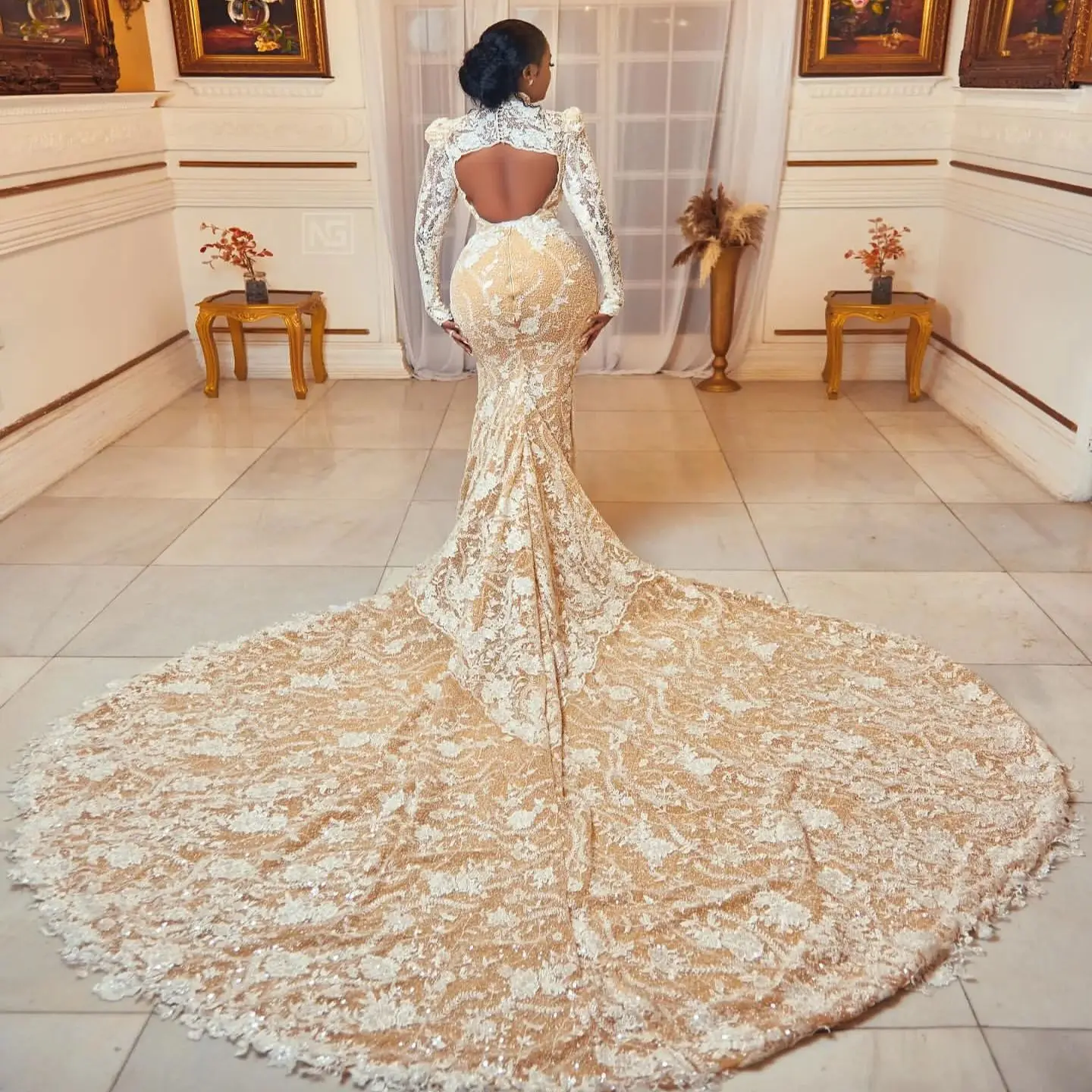 Champagne African Wedding Dresses Black Girls Mermaid Long Sleeves Lace Aso Ebi Bridal Gowns Vestido De Novia Customized