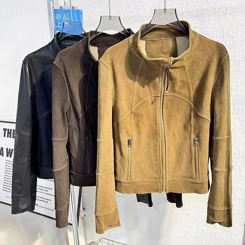 المستوردة جلد الخراف سليم صالح سترة جلدية حقيقية للنساء 2026 جديد عادية الوقوف طوق سستة الإناث الجلد المدبوغ جلد الغنم سترة قصيرة #6