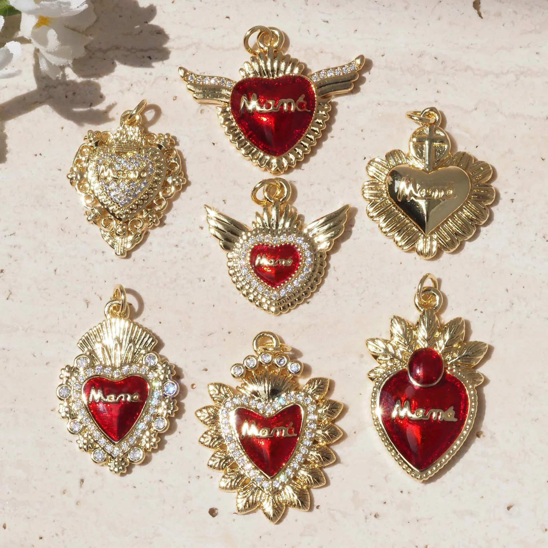 

4PCS/Classic Red Religious Heart Love Zircon Charm Pendant Fashion Wing 18K Gold Plated for DIY Jewelry Making Supplies