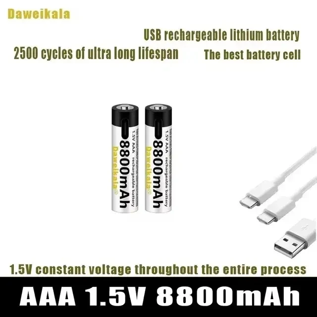 2024 New USB-C 1.5V AAA Battery Fast charging Li-ion Battery 8800mAh for Remote Control Mouse Electric Toy Battery +Type-C Cable