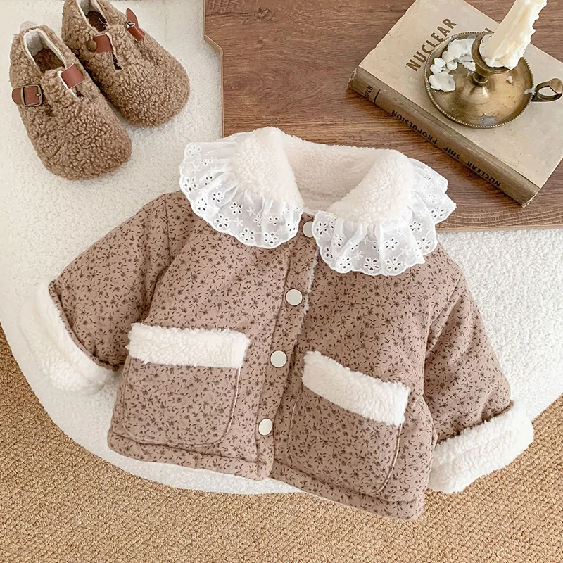 Winter Toddler Baby Girl Thicken Warm Jacket Floral Printing Newborn Baby Girls Plush Cardigan Coat Children Thick Plush Clothes