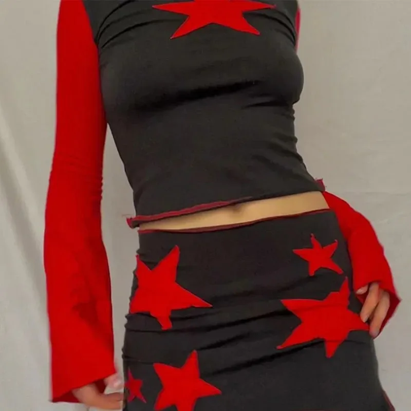 Y2K Spring New Spicy Girl Casual Long Sleeve Short Style Pentagram Printed Short Style Slimming T-shirt Women's Top - Image 2