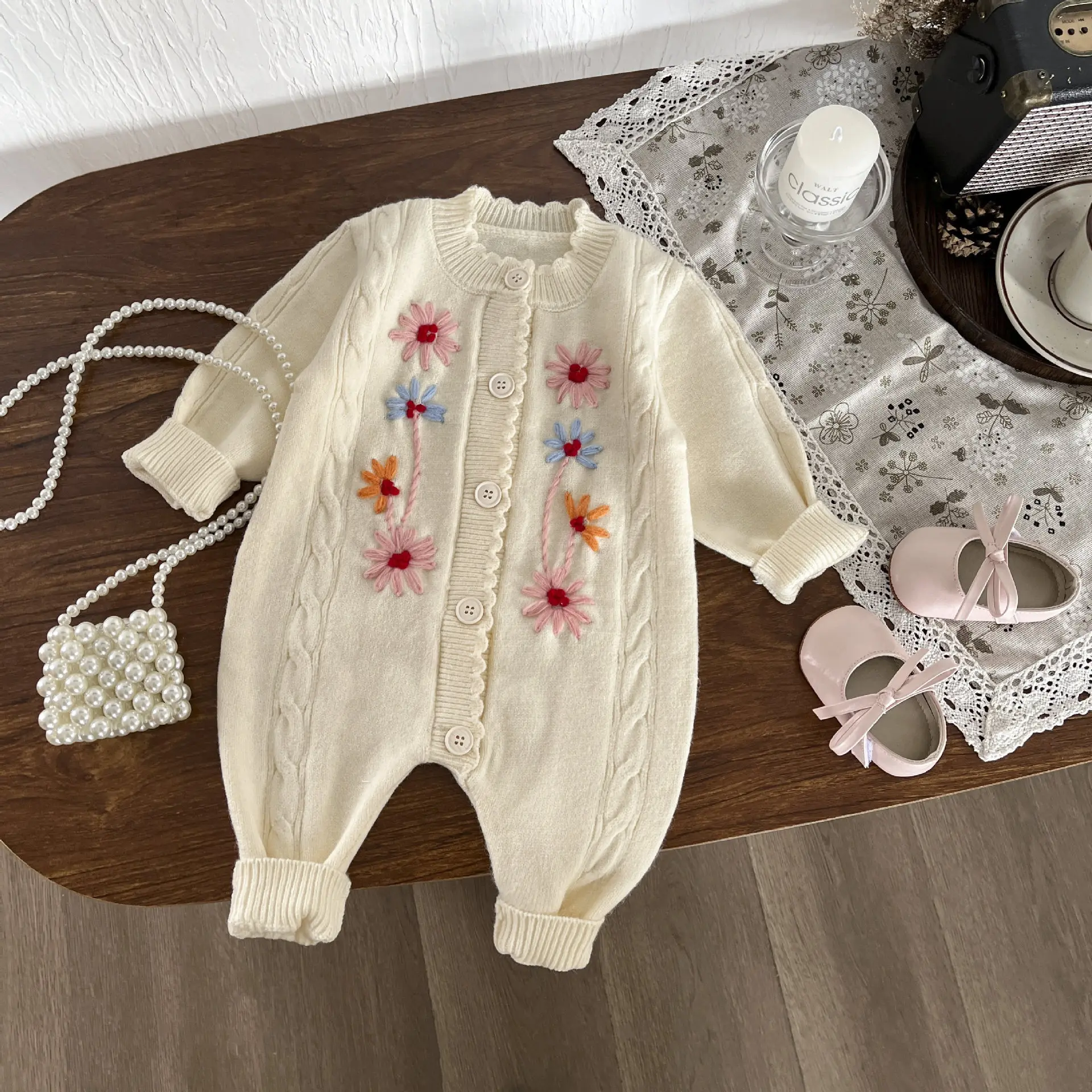 Baby Romper Infant Baby Girls Long Sleeve Knit Jumpsuit Spring Hand Embroidery Fresh Style One Piece Bodysuit
