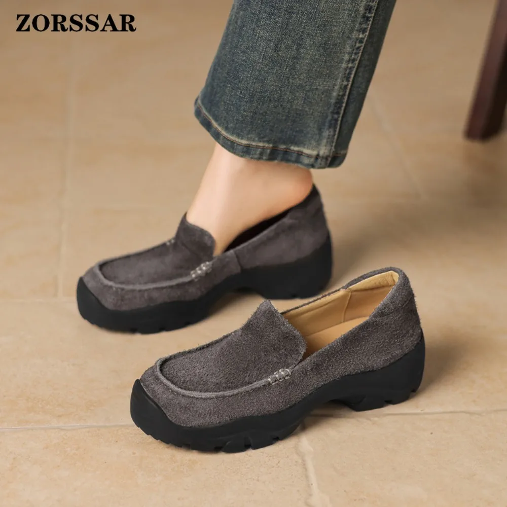 

Women's Suede Penny Loafers Chunky Platform Sole Slip on Warm Retro Casual Office Daily Walking Ladies Tan Shoes
