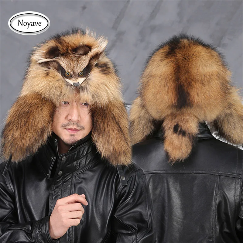 100% Real Fur Raccoon Fox Skin Russian Hats Pilot Bombers Full Mao Men's hat Ushanka Winter Ear Guard Hat Raccoon Fur Beanie Hat