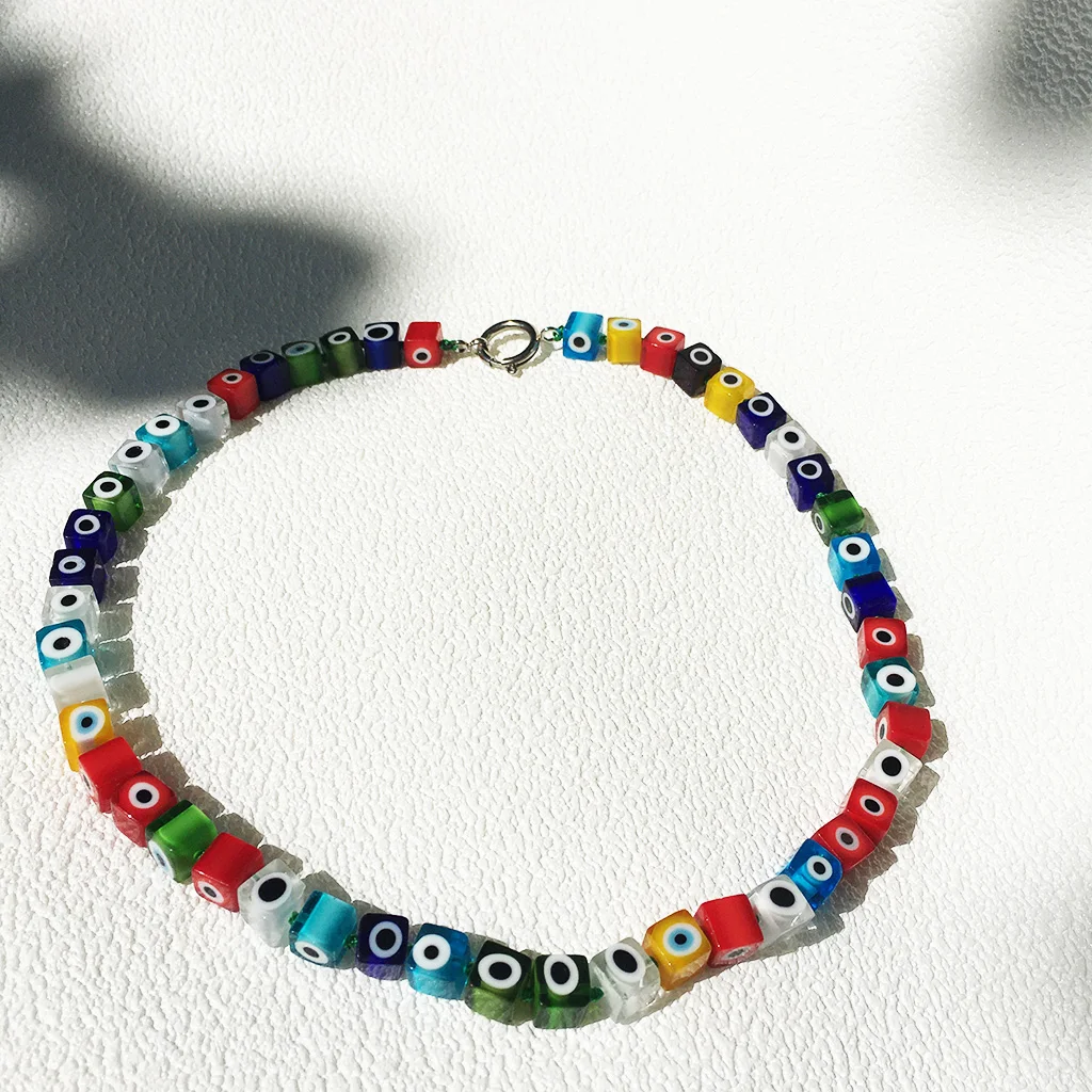 

1PCS Vintage Thousand Flower Glass Square Evil Eye Bead Necklace For Women Personalized Colorful Collar Chain Jewelry Gift