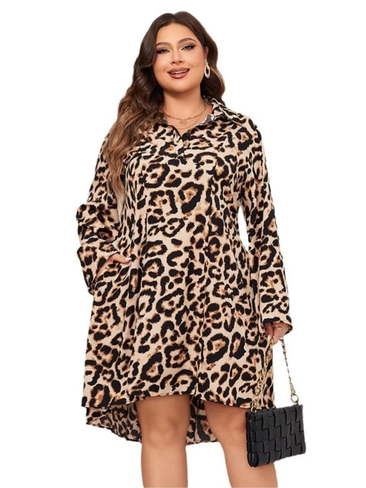 Plus Size Autumn Leopard Print Mini Dress Women Loose Ruffle Pleated Ladies Dresses Modis Long Sleeve Casual Woman A-Line Dress