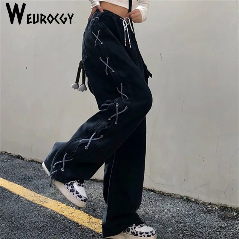 2023 Spring Side Bandage Design Casual Trousers Harajuku Solid Drawstring Patchwork Pockets High Waist Wide Leg Pants Female