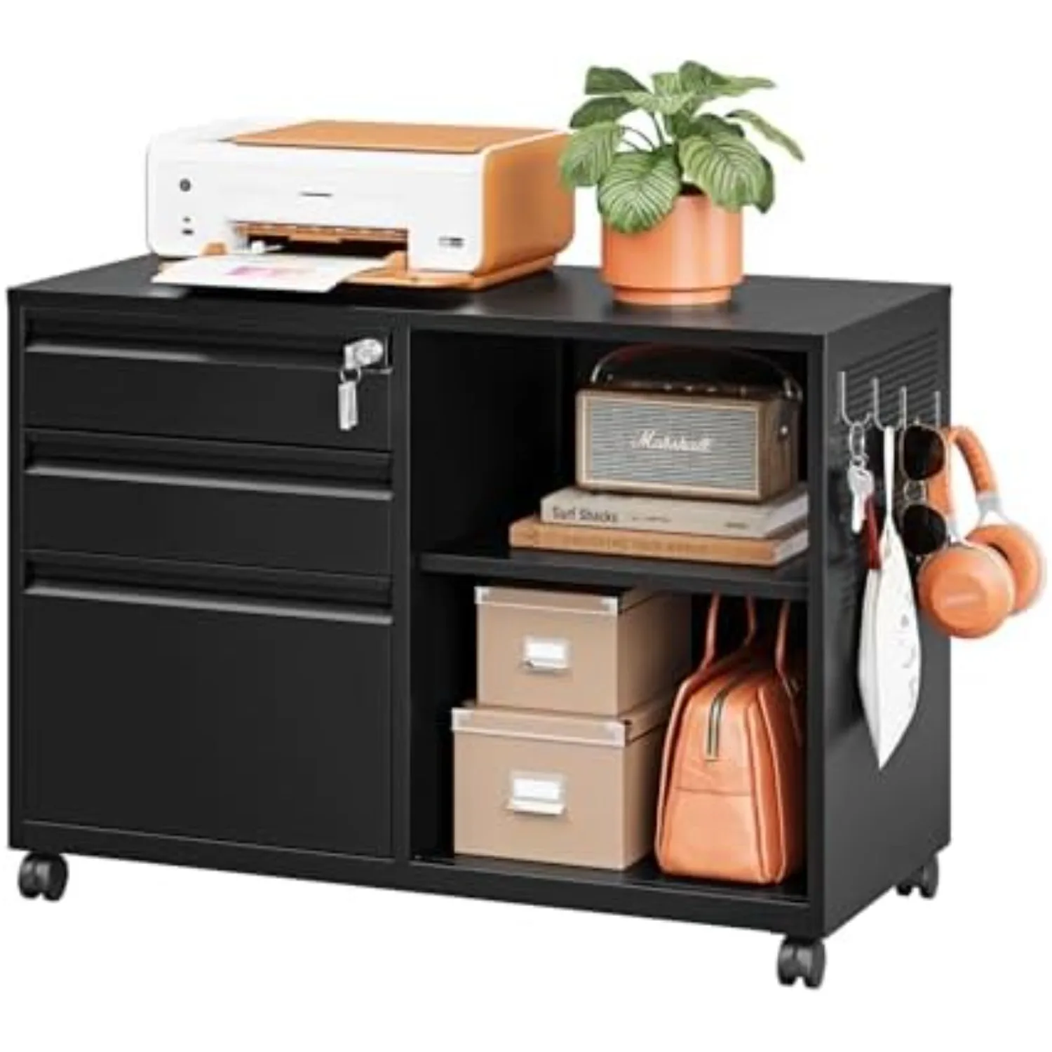 3 Drawer File Cabinet with Lock,Mobile Lateral Filing Cabinet with Side Hook for Letters/Legal/A4, Metal Printer Stand