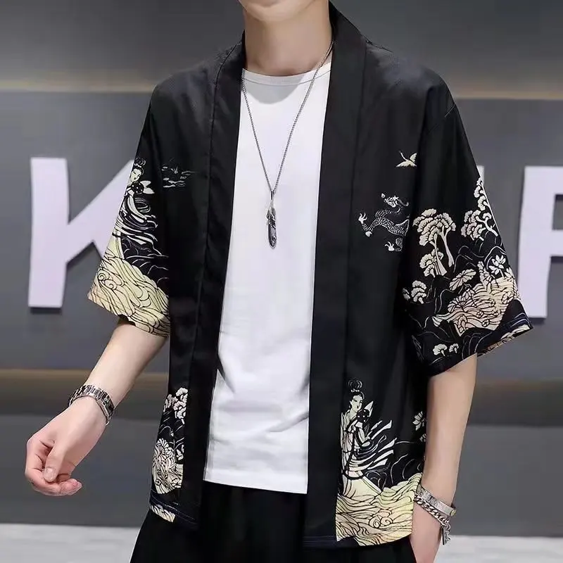 Men's Summer Thin Loose Short Sleeve Cardigan Shirt China-Chic Taoist Robe Coat Cloak Retro Fashion Hanfu Ukiyoe Painted Kimono