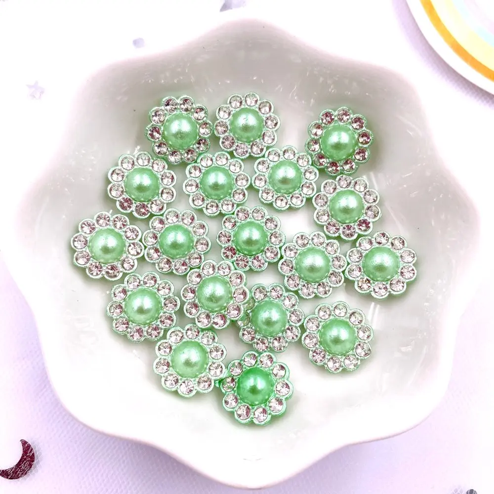 50pcs 12mm Resin Flower Round Pearl Flatback Crystals Nail Rhinestone Buttons Appliques Wedding DIY Scrapbook Craft Accessories