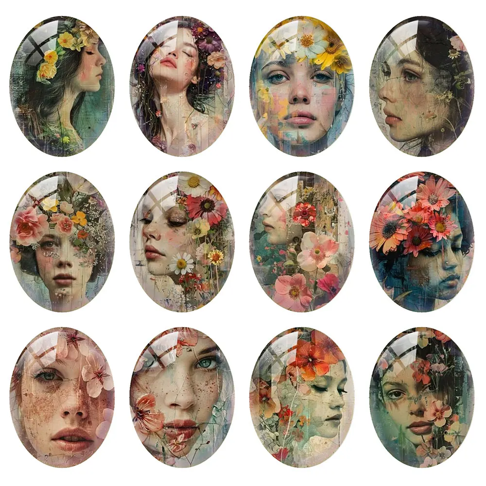 Random Mixed Round/Oval/Square Retro Flowers Girl Portrait Photo Glass Cabochon Flatback Demo Cameo For Diy Jewelry Making