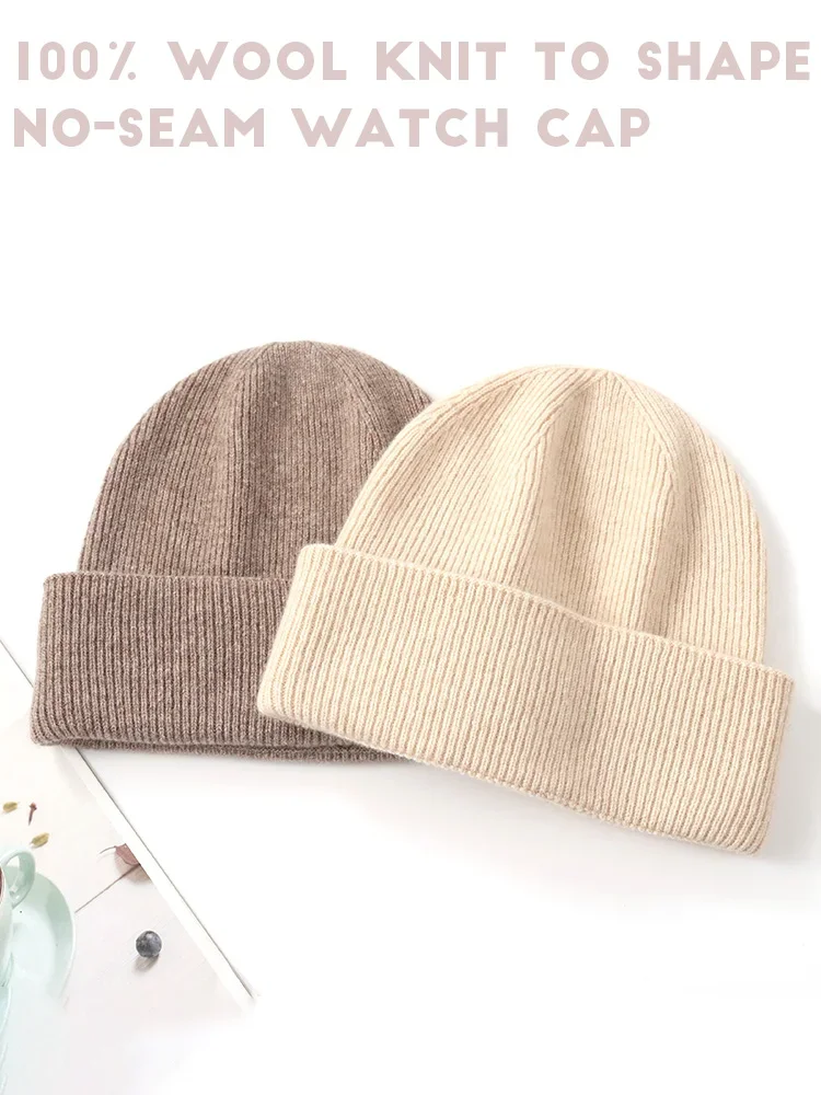 Unisex No-seam Knitting 100% Wool Watch Caps Women Winter Beanies Pure Wool Warm Hat Soft Outdoor Men Fishermens Hat Folded Up