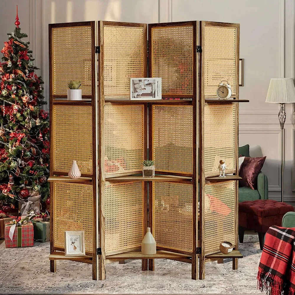 

Room Divider with Shelves, Foldable Wood Room Divider Panel, Wicker Divider Wall, Folding Privacy Screen,Portable Room Partition