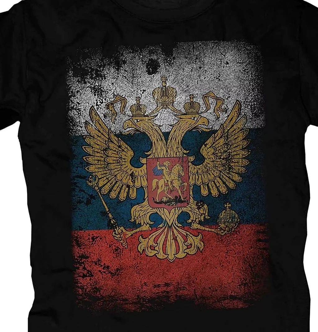 Russia Flag with Coat of Arms Men T-shirt Short Sleeve Casual 100% Cotton T-shirts