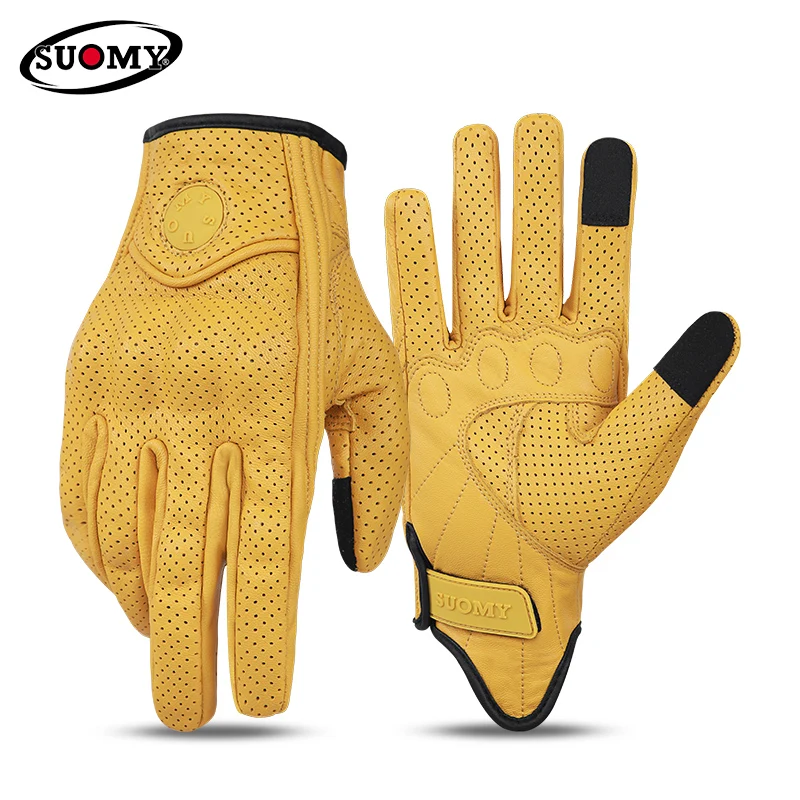 SUOMY New Design Motorcycle Leather Riding Gloves Summer Breathable Anti-Fall Touch Screen Retro Gloves