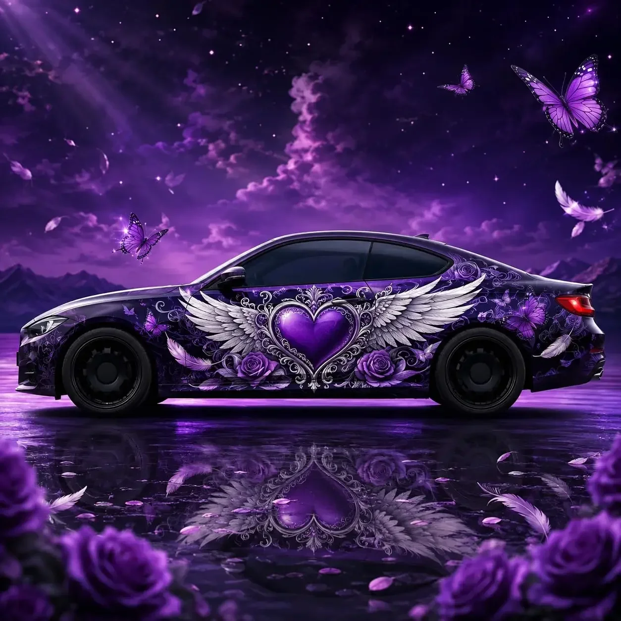 2pcs Purple Angel Wings Heart Car Wrap Vinyl Decal Sticker