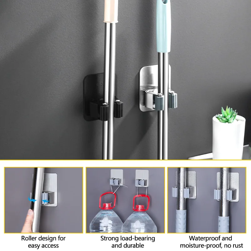 Mop Storage Rack Wall-Mounted Shelf Organizer Hook Brush Broom Hanger Home Storage Rack Multi-Purpose Hooks Kitchen Storage Tool