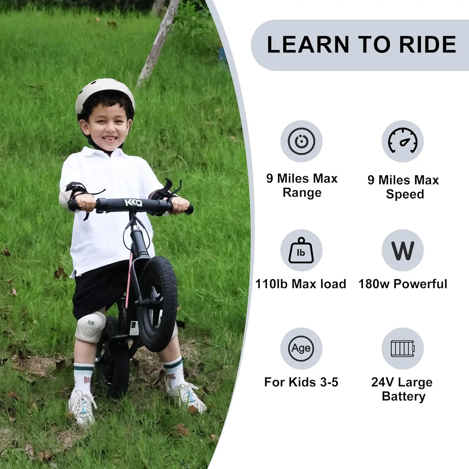 Vélo d'équilibre électrique léger pour enfants âgés de 3 à 6 ans, 2 modes de sécurité, vitesse maximale 9MPH, vélo électrique à moteur 180W