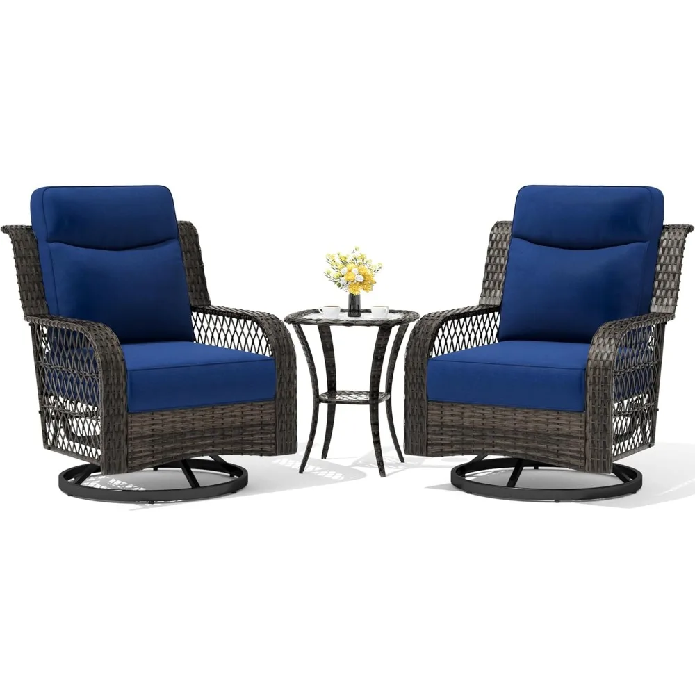 

Outdoor Swivel Chairs 3 Piece Wicker Rocking Charis Set Patio Furniture Set with Rattan Side Table, 5 Inch Thick Cushion,