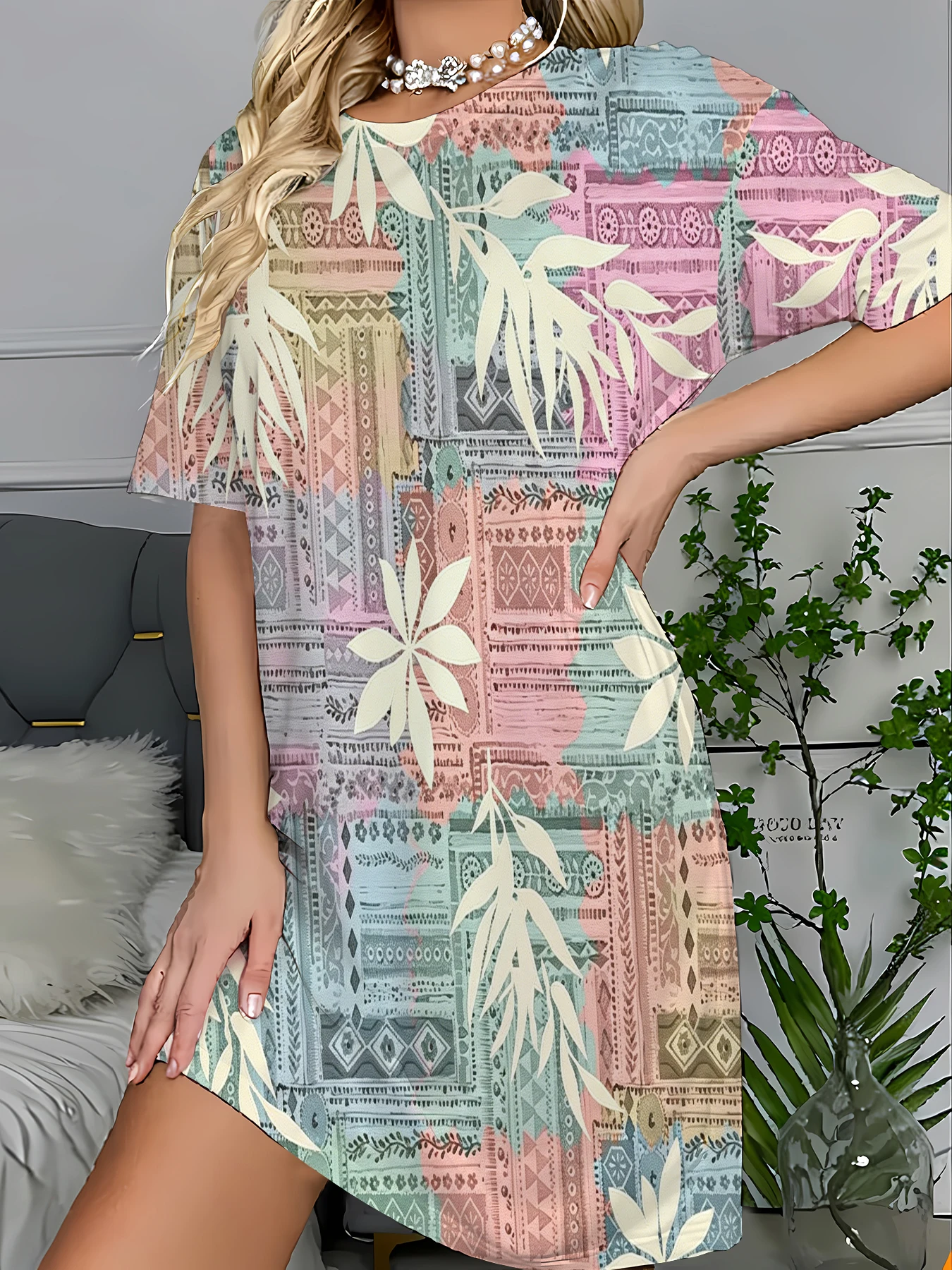Women's All-Over Print Sleep T-Shirt Dress Casual Summer Nightgown