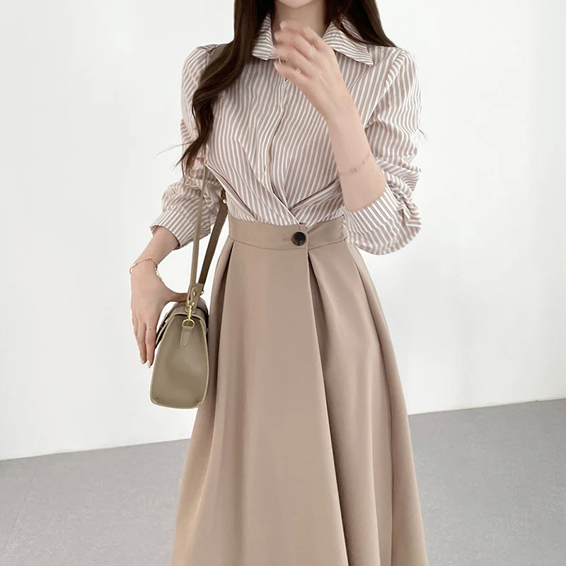 

Элегантное женское платье с воротником, имитацией двух частей, на одной пуговице, с завышенной талией, длинными рукавами, для офиса и повседневной носки