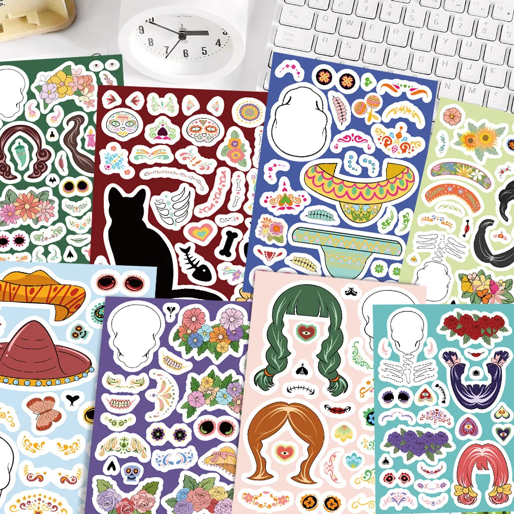 8/16 Blatt Tag der Toten Cartoon macht ein Gesicht Puzzle Aufkleber DIY Telefon Laptop Gepäck Skateboard Graffiti Aufkleber als Geschenk