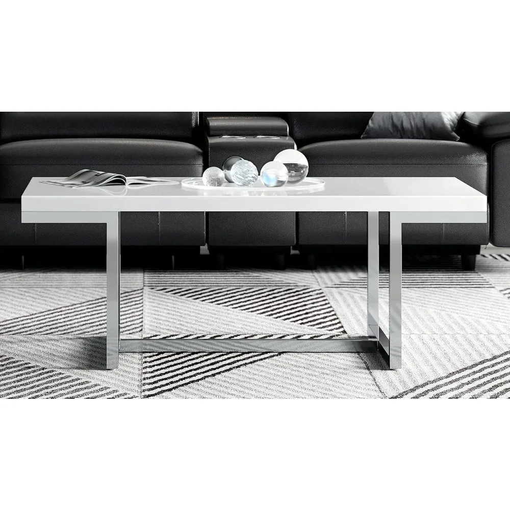 Furniture Modern Coffee Table Glossy White Lacquer Top Polished Stainless-Steel Base,W 47.2