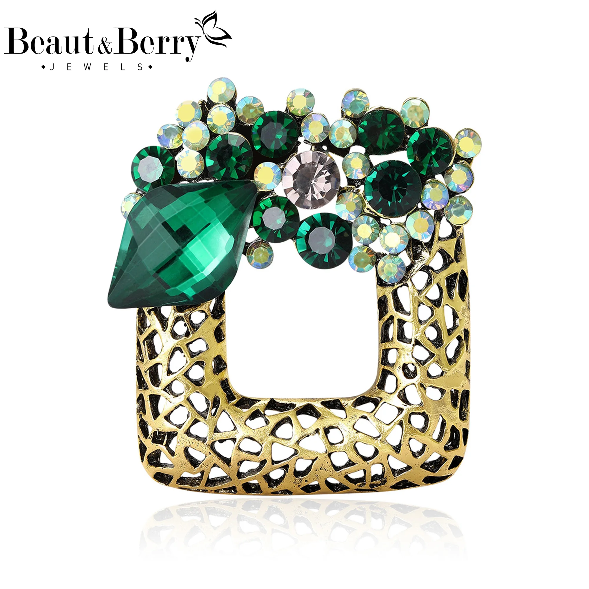 Beaut&Berry Luxury Rhinestone Square Wreath Brooches for Women Plant Pins Friends Party New Gifts Banquet Jewellery Accessories