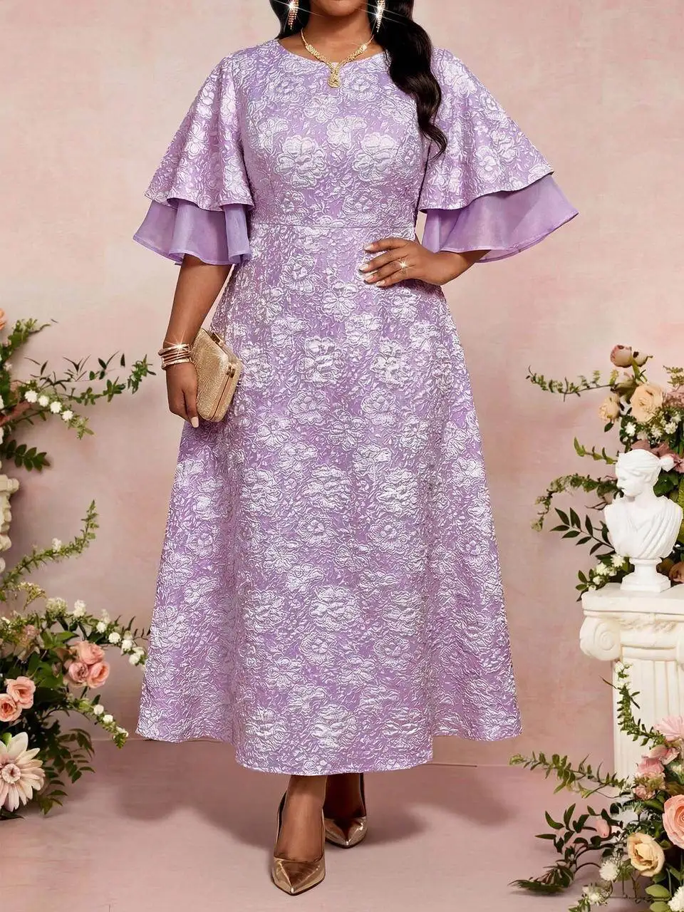 Plus Size Floral Print Layer Flutter Sleeve Round Neck Midi Dress For Women Wedding Guest Daily Party Occasions