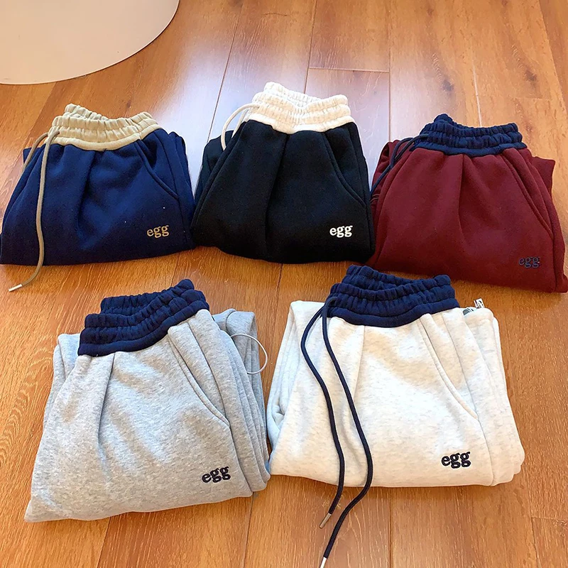 Pantalones de pierna ancha de retales gruesos de felpa Y2K, pantalones de chándal holgados con cordón de cintura alta, moda de invierno, ropa de calle cálida, Pantalones rectos