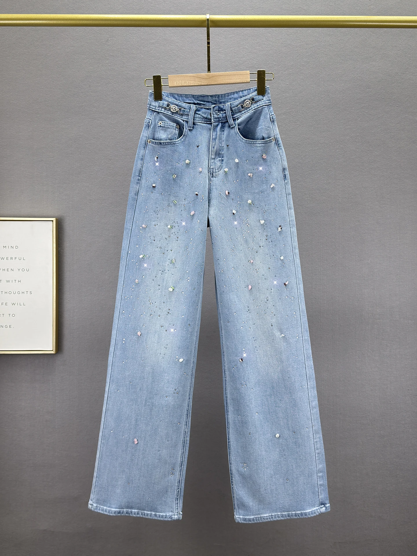 

Женские джинсы с высокой талией, блестящие, прямого кроя, длинные, весна 2026, Гонконг, свободные, облегающие, из хлопкового стрейч-денима