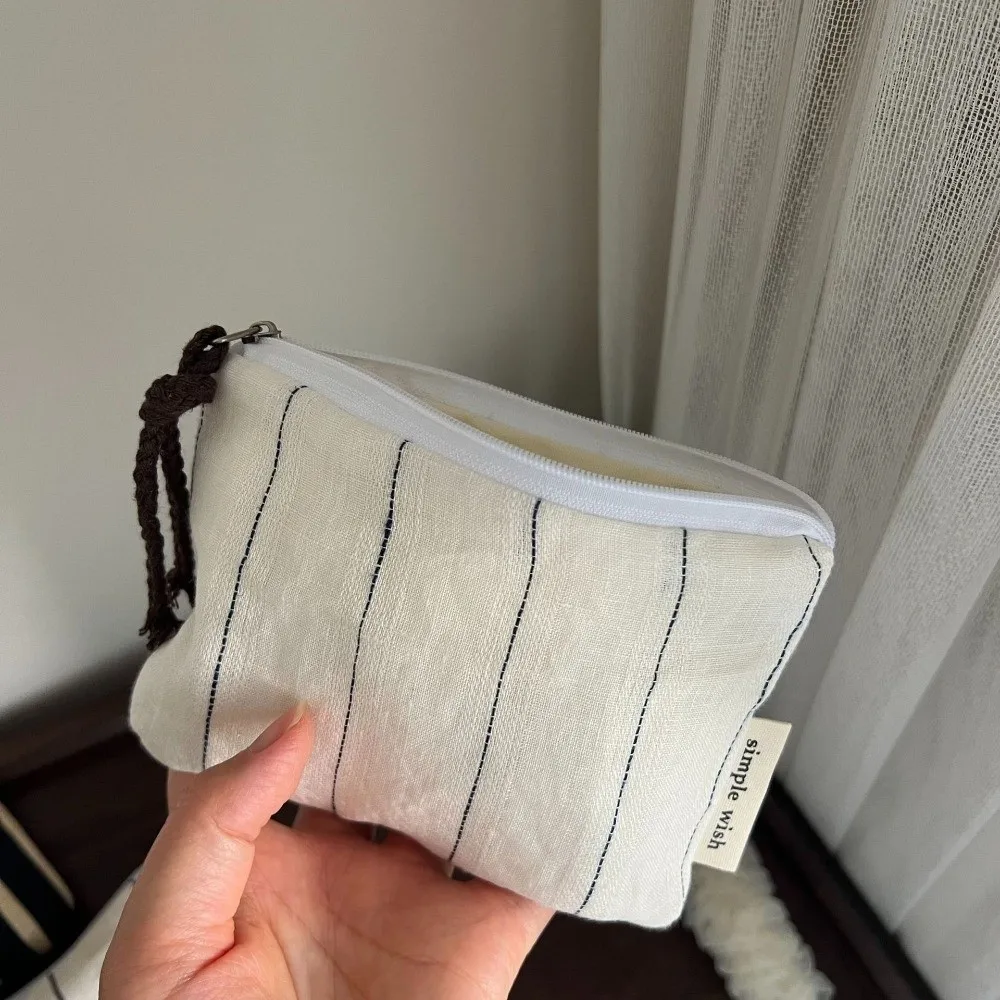 Cotton Linen Material Mini Coin Purse Polka Dot Design Striped Pattern Small Card Pouch Portable Size Minimalist Style