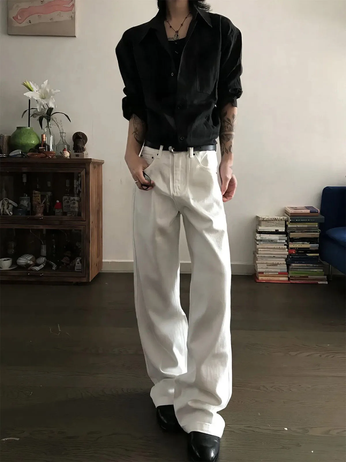 

American Style White Curved Knife Jeans Loose Fit Straight Leg Slimming Long Trousers Men Women New 2026 Spring Casual Jeans