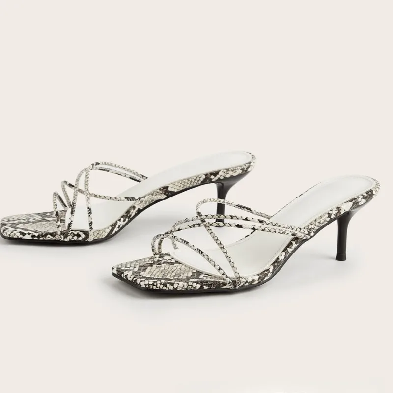 

New Snake Patterned Square Toe Exposed Concise Slippers European American Fashion Commuting Vacation Beach High-heeled Sandals