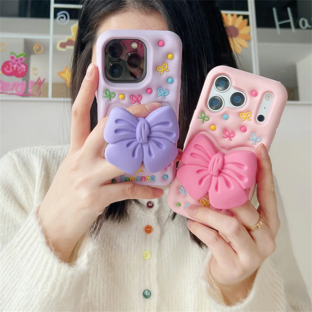 Coquette Pastel Cute Bow Bracket Holder Phone Case for 17 Pro Max Pop Grip Soft Silicone Protective Cover for iPhone 16 15 14 13