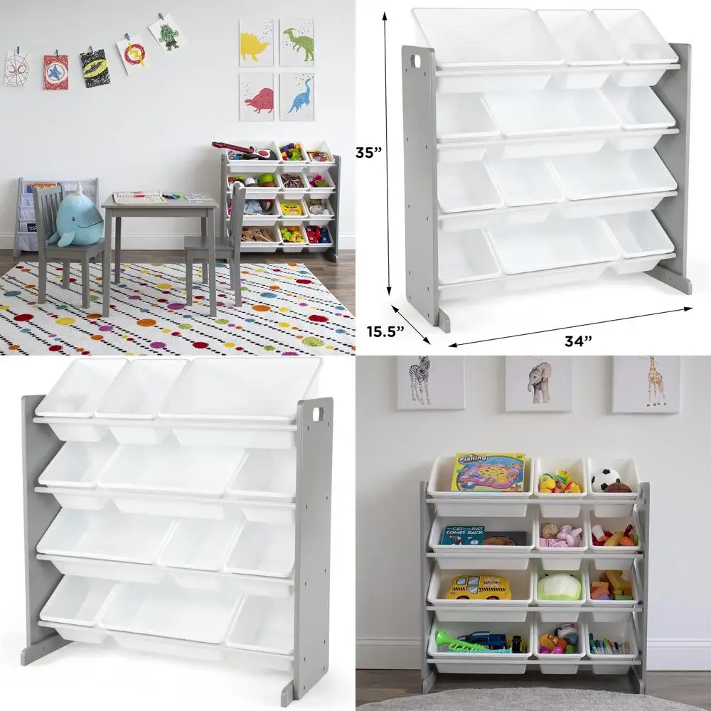 

Children's Playroom Storage Organizer with 12 Bins, Grey/White - Removable for Bedroom, Unisex Furniture for Toddlers