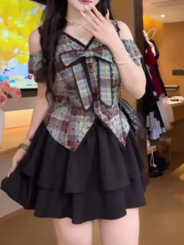 

plus Size Korean Style College Vintage Plaid Shirt Women Summer New Slimming Shoulder Bared Versatile Top Women's Shirt