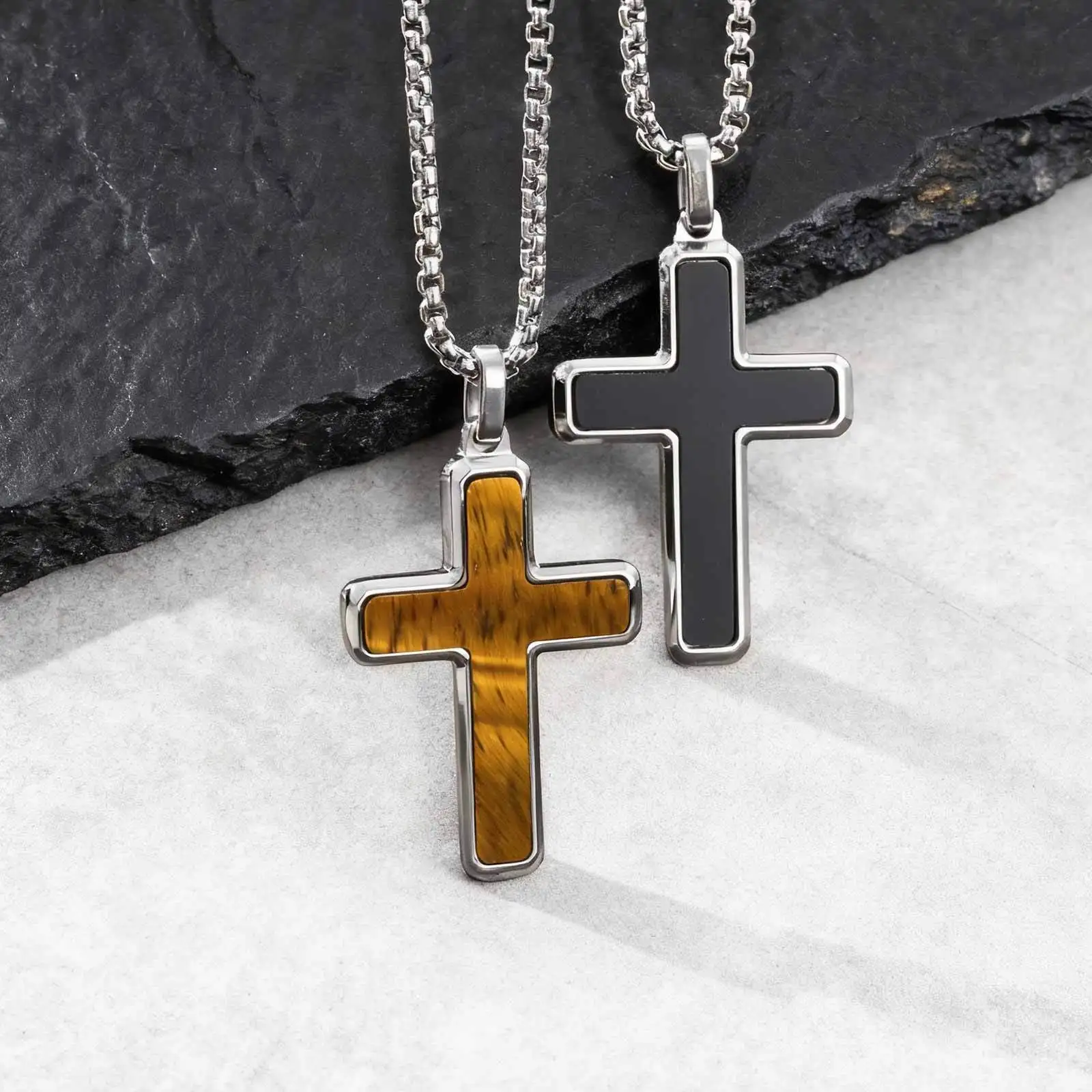 Stilvolle Herren-Kreuz-Halskette aus natürlichem schwarzem Onyx, wasserdichter Kreuz-Anhänger aus Edelstahl, Weihnachtsgeschenk zum Valentinstag – Detail 7