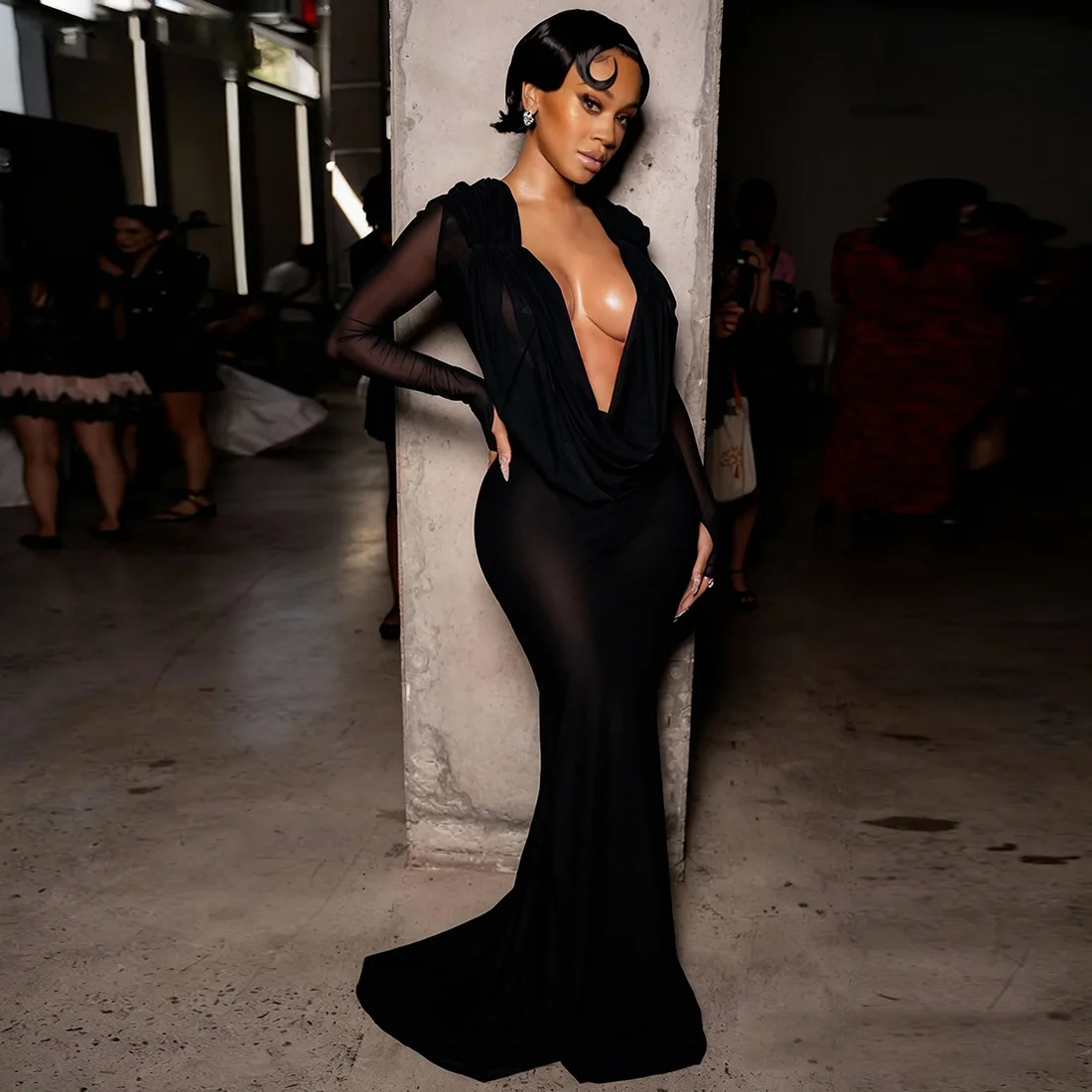 فستان نسائي أنيق مثير شفاف من خلال شبكة Bodycon فستان ماكسي للحفلات مكشكش وياقة متأرجحة وأكمام طويلة نحيفة لأعياد الميلاد رداء طويل للنوادي #2