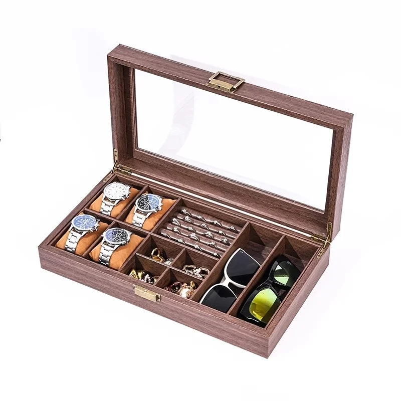 Retro Style Imitation Wood Watch Box Chinese Style Brown Leather Glasses Storage Box Creative Gift Jewelry Box